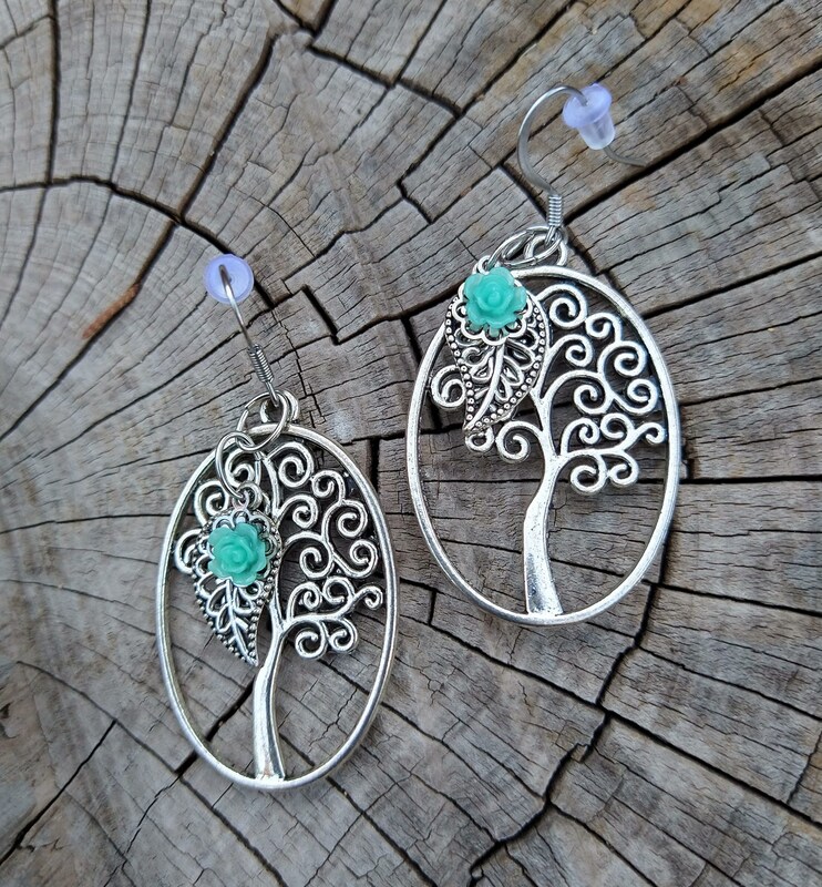 Tree of Life Dangle Earrings with Leaf and Flower Charm